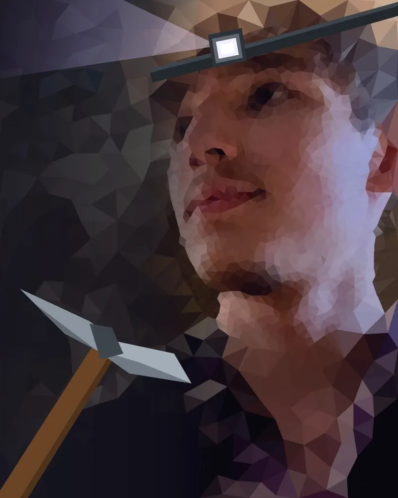 Jakub Pulinger jako low-poly horník s helmou, lampou a krumpáčem